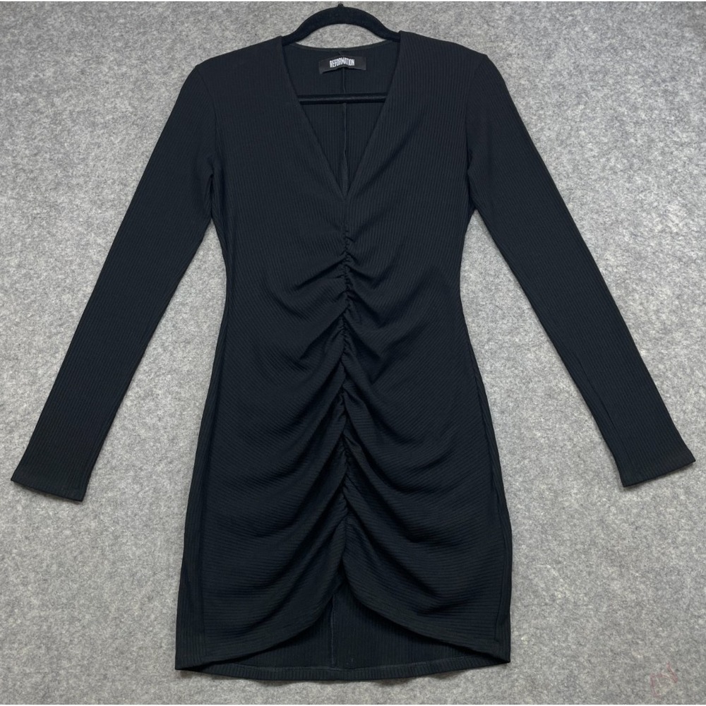 Reformation Raven Ruched Ribbed Dress Black Small Mini Long Sleeve